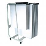 This photo showcases a Q-Connect plan filing system with a mobile hanger stand. The stand features a sturdy frame and wheels for easy movement, while the filing trays provide ample storage for documents. The overall design is sleek and professional.