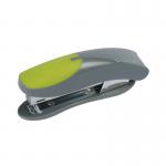 The photograph shows a Q-Connect Mini Plastic Stapler in grey and green. It has a capacity of 12 sheets of 80gsm paper. The sleek design and color combination make it stand out on any desk. Its compact size makes it perfect for on-the-go stapling tasks.