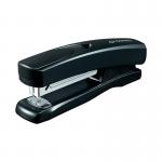 In the picture, you can see a black Q-Connect stapler with a full strip of staples inside. It has a plastic body and a smooth, sleek design. The Q-Connect logo is visible on the front of the stapler.