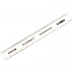 This picture shows a clear 300mm Q-Connect ruler with measurements in inches on one side and centimeters on the other. The ruler appears to be shatterproof.