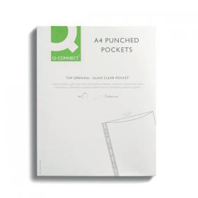 Q-Connect Delux Punched Pocket Top Opening Green Strip A4 Clear (Pack of 100) KF01121 KF01121