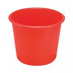 The photo shows a bright red Q-Connect waste bin from their Office Bins collection. The 15 litre bin has a secure lid and is made from sturdy materials. It is suitable for everyday office use.
