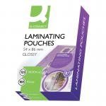 In this photo, you can see a pack of 100 Q-Connect laminating pouches. The pouches measure 54x86mm and have a thickness of 250 microns. They are designed for use with laminating machines to ensure long-lasting protection for documents and other materials. The pack is clearly labeled with the Q-Connect brand and product name for easy identification.
