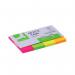 The image shows a pack of Q-Connect Index Tabs & Page Markers, with four colorful pads of 20x50mm Quick Tabs, totaling 200 tabs. The neon colors make them highly visible and easy to organize, perfect for marking important pages or sections in documents.