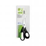 The Q-Connect Scissors feature an ergonomic design, with 210mm stainless steel blades and a black handle. The blades are sharp and precise, making them ideal for various cutting tasks. The overall appearance of the scissors is sleek and professional, perfect for any office or home setting.
