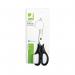 A photo of Q-Connects all-purpose scissors shows a sleek black handle and shiny stainless steel blades. The ergonomic design measures 170mm in length, making it a versatile tool for various cutting needs.