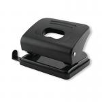 The picture shows a black Q-Connect medium duty hole punch with the Q-Connect logo on the handle. It has two metal punch heads and a black base with guidelines for paper placement. Paper scraps can be collected in the base tray.