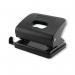 The picture shows a black Q-Connect medium duty hole punch with the Q-Connect logo on the handle. It has two metal punch heads and a black base with guidelines for paper placement. Paper scraps can be collected in the base tray.