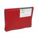 The picture shows a vibrant red, 13-pocket expanding file from Q-Connect. The file has a professional look with a glossy finish and sturdy construction. Each pocket is labeled with a number for organization. The file can hold a large number of documents, making it perfect for organizing important papers. The file has a clasp closure to keep all contents secure. On the back cover, there is a clear pocket for labeling or inserting additional documents. It has a sleek and compact design, making it suitable for both office and personal use.