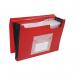 The image depicts a red expanding file with 13 pockets, labeled with the brand name Q-Connect. The file is open, showing multiple sections to organize papers and documents. The pockets are labeled with tabs for easy organization. The file appears to be made of sturdy material and has a professional look.