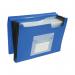 This picture features a blue Q-Connect Expanding File with 13 pockets, perfect for organizing documents. The file is made of durable material and has a flap closure for secure storage. Each pocket can expand to hold multiple sheets of paper, keeping them neat and organized. The file has a sleek and professional appearance, making it a great choice for any office or home workspace.