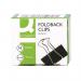The image shows a pack of 10 19mm black Q-Connect foldback clips by Q-Connect. The clips have a simple yet sturdy design, with a transparent plastic coating and strong metal clamps. The pack is neatly arranged, with each clip placed side by side, ready for use. Perfect for organizing and securing documents.