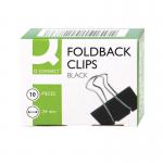 This photo shows a pack of 10 black Q-Connect foldback clips, each with a size of 24mm. The clips are neatly lined up in the packaging, with the Q-Connect logo prominently displayed on each clip. The sleek black color adds a professional touch to any document or organization project.