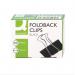 The photograph shows a pack of 10 Q-Connect Foldback Clips in a 32mm size, all in sleek black color. The clips are neatly arranged in a row, with a dark background to make them stand out. The simple yet sturdy design is visible, making these clips perfect for various office or home use.