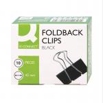 A bundle of 10 black Q-Connect Foldback Clips, each measuring 42mm, are shown in this image. The sturdy clips have a sleek design and can securely hold multiple sheets of paper together. Perfect for keeping documents organized at home or in the office.