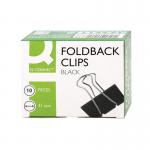 The image features a pack of 10 Q-Connect Foldback Clips, each measuring 51mm and in classic black color. The sturdy clips are designed by Q-Connect to keep your important paperwork and documents organized and secure.