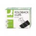 The image features a pack of 10 Q-Connect Foldback Clips, each measuring 51mm and in classic black color. The sturdy clips are designed by Q-Connect to keep your important paperwork and documents organized and secure.