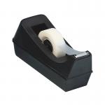 This photo shows three Q-Connect plastic tape dispensers in black, designed for 19mmx33m tape. The dispensers have a non-slip base and a sleek, minimalist design. The plastic material is durable and easy to use for all your taping needs.