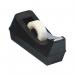 This photo shows three Q-Connect plastic tape dispensers in black, designed for 19mmx33m tape. The dispensers have a non-slip base and a sleek, minimalist design. The plastic material is durable and easy to use for all your taping needs.