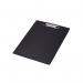 The photo shows a black PVC clipboard from Q-Connect in A4 size, featuring the brands logo and a sturdy metal clip to hold documents securely in place. The surface appears smooth and professional, making it suitable for use in a variety of settings.
