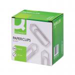 The photo of Q-Connect Paperclips shows a pack of 1000 paperclips in a bright silver color. The clips are 32mm in size and are designed to resist tearing. The pack is neatly organized and ready for all your paperclip needs.