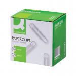 The photo shows a pack of 1000 Q-Connect paperclips, each measuring 32mm and featuring a lipped design. The paperclips are arranged neatly in rows, giving a clean and organized appearance. The shiny metal material reflects light, making the paperclips stand out.