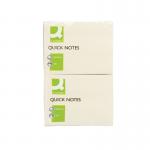 The photo shows a pack of 12 Q-Connect Quick Notes in 76x102mm size, colored in bright yellow. The notes are post-it style with re-move feature, making them easy to stick and remove without leaving residue.