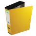 The picture shows five Q-Connect 75mm foolscap box files in a bright yellow color. The boxes have a sturdy construction and are designed to hold a large amount of paperwork. Each box features a label on the spine for easy identification. The files are stackable and have a smooth surface for easy labeling and writing. The compact design makes them ideal for organizing and storing documents in an office or home setting.