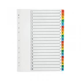 Q-Connect 1-20 Index Multi-punched Reinforced Board Multi-Colour Numbered Tabs A4 White KF01521 KF01521