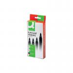 This photo features four colorful Q-Connect Flipchart Markers with bullet tips. The markers are sitting in a row next to their lids, which are pointed downward. The colors of the markers are blue, red, green, and black. They are perfect for use on flipcharts during presentations or group brainstorming sessions.