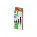 This photo features four colorful Q-Connect Flipchart Markers with bullet tips. The markers are sitting in a row next to their lids, which are pointed downward. The colors of the markers are blue, red, green, and black. They are perfect for use on flipcharts during presentations or group brainstorming sessions.