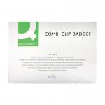 The picture shows a pack of 50 54x90mm Q-Connect Combination Name Badges, with a modern and professional design. Each badge features a clear plastic cover and a metal clip for easy attachment. The badges are perfect for events, conferences, and everyday office use.