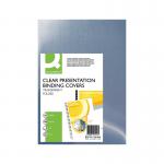 The picture shows 20 clear A4 covers from Q-Connect Binding Supplies. Each cover is transparent and can be used to protect important documents. The pack is neatly stacked and ready for use.