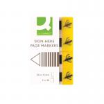 This photo shows a pack of Q-Connect Index Taps and Page Markers. The pack includes 40 tabs and 4 pads, each measuring 20x45mm and in a bright yellow color. The tabs are labelled with Sign-Here for easy organization and navigation. Perfect for labeling and marking pages in documents, books, and more.