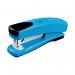 The picture shows a blue Q-Connect half strip plastic stapler from the Q-Connect Staplers collection. The stapler has a modern design with a half strip capacity and a sturdy plastic construction. It is easy to grip and use, making it a practical addition to any workspace.