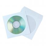 This photo features a pack of 50 Q-Connect CD Envelope Paper. The envelopes are rectangular and white in color. They have a clear plastic front and a paper back for protection. The front has a flap that can be sealed for secure storage.