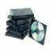 The photograph features a group of 25 Q-Connect Black Slim Jewel Cases for CDs and DVDs by Q-Connect. Each case is made of sturdy, black plastic and includes a clear cover for inserting labels or artwork.