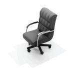 This image shows a durable Q-Connect chair mat made of clear PVC measuring 1219x920x2mm. The underside is studded for a secure grip, providing protection for flooring and ease of movement for chairs.