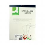 This picture features a pack of 25 54x90mm Q-Connect name badge inserts, with 10 per sheet. The badges are neatly arranged on a white background, showing the perforated edges for easy separation. Each tag has a subtle Q-Connect logo in the corner, and space for a wearers name and company.