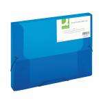A photo of Q-Connect Elasticated Files shows a blue A4 folder with 25mm thickness. The elastic band closure is visible, ensuring secure storage of important documents. The brands logo can be seen on the cover, giving it a professional look.