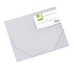 The image shows a clear A4-sized folder with 3 flaps, made by Q-Connect. It has an elastic band to hold the contents securely in place. The folder is sturdy and has a professional look.