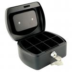 The image shows two Q-Connect cash boxes, each measuring 6 inches, in a sleek black color. The cash boxes have a sturdy construction with a hinged lid and a standard key lock for secure storage of currency. The top of the lid is adorned with the Q-Connect logo, while the front features a handle for easy transport. These cash boxes are the perfect solution for storing and organizing cash in a professional setting.