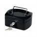 The photo shows a sleek black Q-Connect Cash Box, with a 6 inch size. The front has a sturdy metal clasp for locking, as well as a handy carrying handle. The surface has a smooth, matte texture and there is a small logo on the top right corner. The interior is divided into compartments for organizing cash, coins and keys. Overall, it exudes a professional and secure appearance.