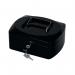 The image shows a sleek black Q-Connect cash box, measuring 8 inches in size. The box features a sturdy handle for easy carrying and a secure locking mechanism. The lid is adorned with the Q-Connect logo, adding a touch of professionalism. The cash box is compact and practical, making it a convenient solution for storing and transporting cash.