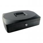 In the photo, a sturdy black cash box with the brand name Q-Connect is pictured. The cash box is approximately 10 inches in size and has a sleek and professional appearance. It is equipped with a secure lock and durable handle for convenient carrying. Its compact design and smooth finish make it a reliable choice for storing money and other valuables.