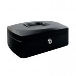 The photograph shows a 12-inch black Q-Connect cash box, with a Q-Connect logo on the front. The box is rectangular with a sturdy handle on top. It has a key lock on the front and a coin/counting tray on the inside. The box is closed and appears to be sturdy and secure for storing cash.