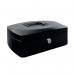 The photograph shows a 12-inch black Q-Connect cash box, with a Q-Connect logo on the front. The box is rectangular with a sturdy handle on top. It has a key lock on the front and a coin/counting tray on the inside. The box is closed and appears to be sturdy and secure for storing cash.