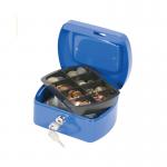 The picture shows a 6 inch blue cash box from Q-Connect. The box has a sturdy metal construction and a hinged lid with a handle for easy transportation. It has a traditional key lock and comes with two keys for added security. The front of the box has a slot for holding notes and coins, and there are also two additional compartments inside for organizing smaller items. The bright blue color gives the box a modern and professional look. It is suitable for use in offices, shops, and other business settings. The image showcases the practical and durable design of the Q-Connect cash box.