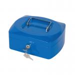 The photo captures a Q-Connect blue cash box, measuring 8 inches in size. The cash box features a sturdy and durable construction, with a smooth and sleek finish. The strong handle and secure lock ensure the safety and protection of any valuables stored inside. The blue color adds a touch of vibrancy and professionalism to the cash box. Overall, the photo depicts a reliable and functional cash box for convenient storage and transportation of cash.