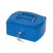 The image shows a blue Q-Connect cash box with an 8 inch size. The sturdy box has a secure lock and handle for easy transport. Its sleek design makes it perfect for storing and organizing cash, receipts, and important documents.